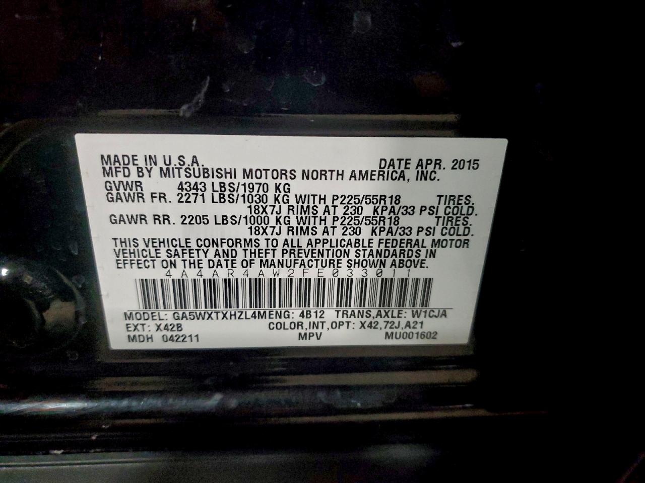 2015 Mitsubishi Outlander Sport Se VIN: 4A4AR4AW2FE033011 Lot: 93960345