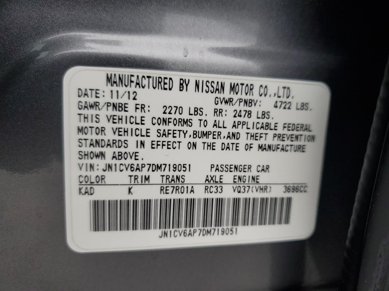 2013 Infiniti G37 Base VIN: JN1CV6AP7DM719051 Lot: 93092915