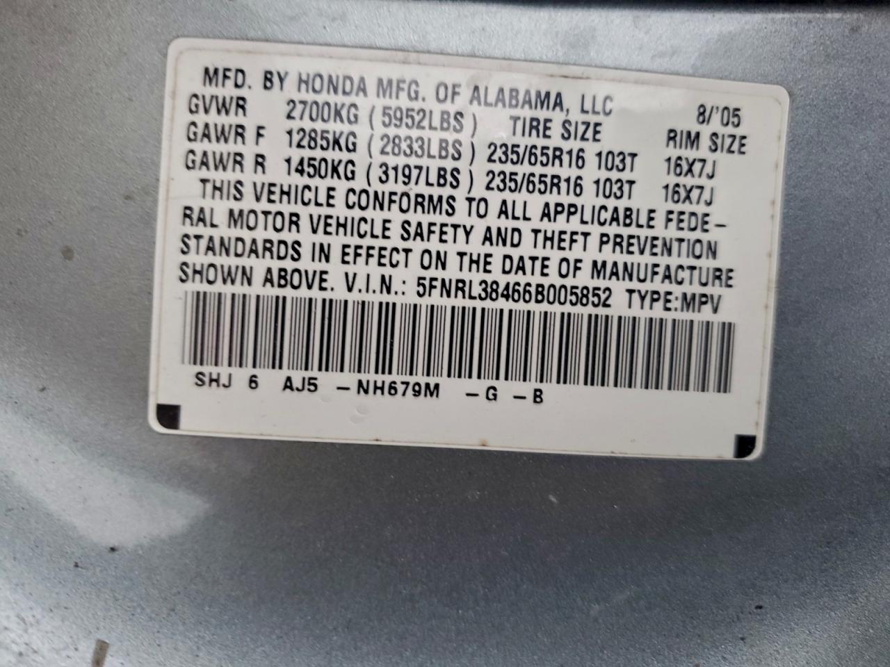 2006 Honda Odyssey Ex VIN: 5FNRL38466B005852 Lot: 92973685