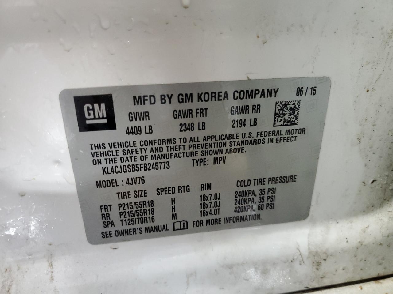 2015 Buick Encore VIN: KL4CJGSB5FB245773 Lot: 91061135