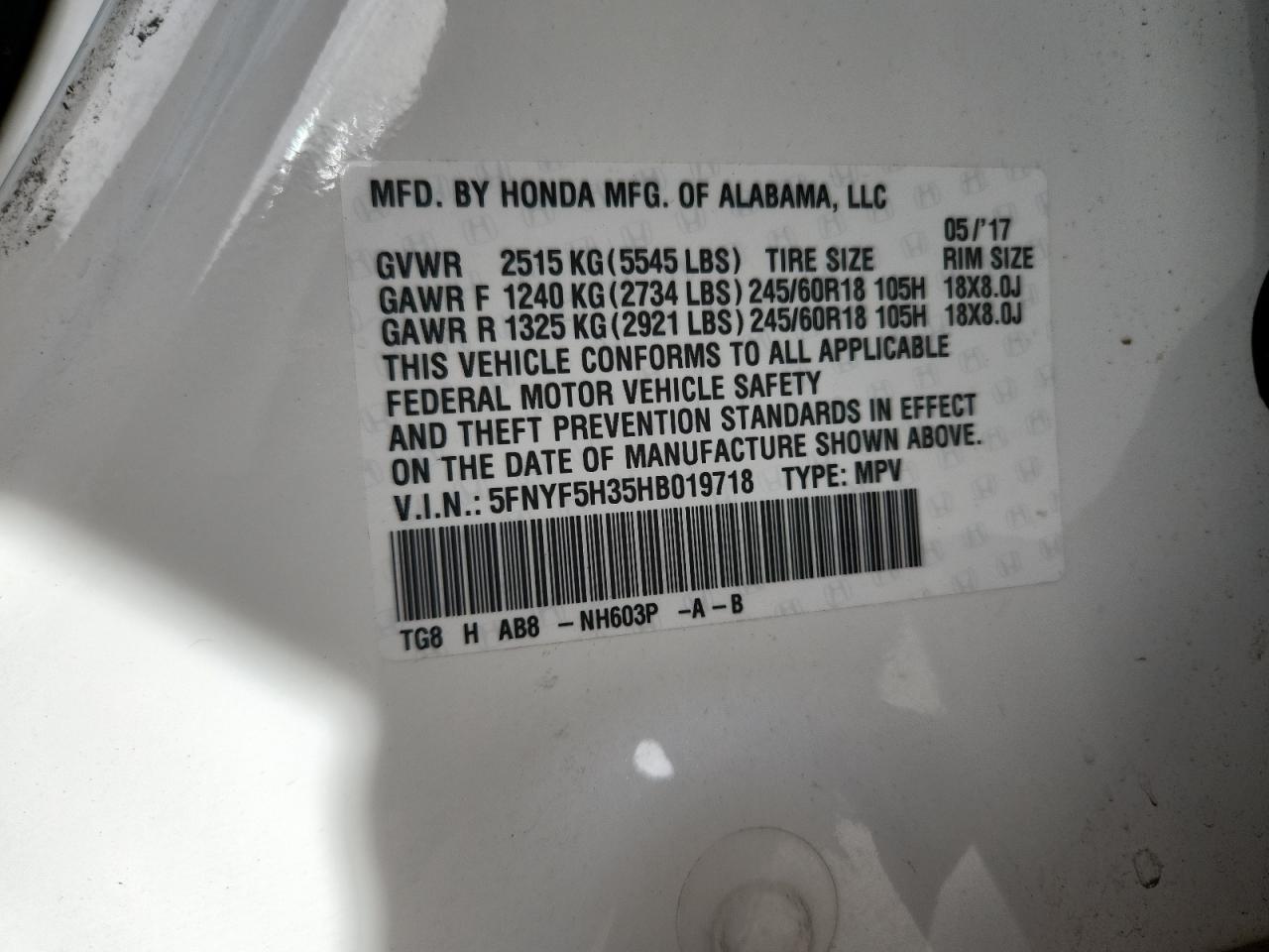 2017 Honda Pilot Ex VIN: 5FNYF5H35HB019718 Lot: 92255645