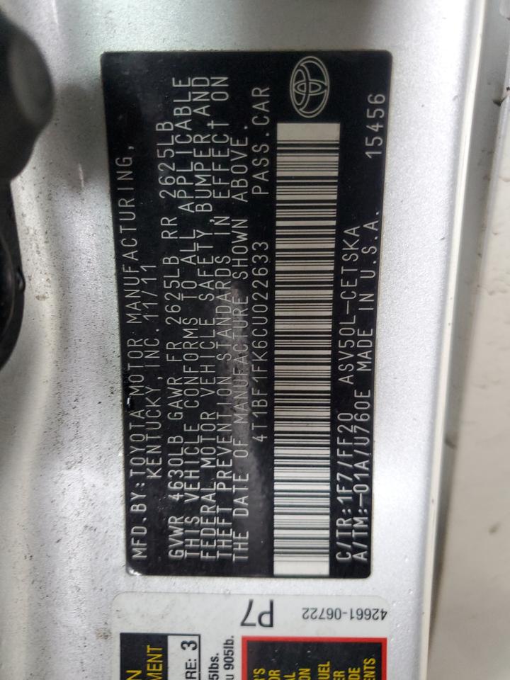 2012 Toyota Camry Base VIN: 4T1BF1FK6CU022633 Lot: 93939055