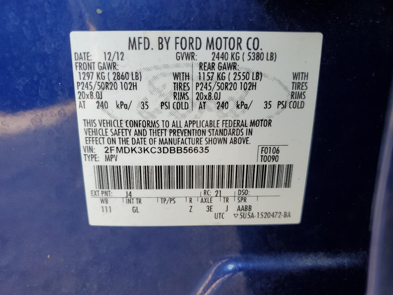 2013 Ford Edge Limited VIN: 2FMDK3KC3DBB56635 Lot: 91894315