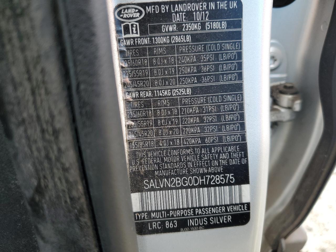 2013 Land Rover Range Rover Evoque Pure VIN: SALVN2BG0DH728575 Lot: 90869165