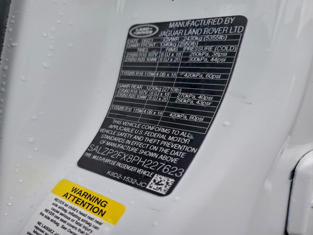 2023 Land Rover Range Rover Evoque Se VIN: SALZP2FX8PH227623 Lot: 94302085