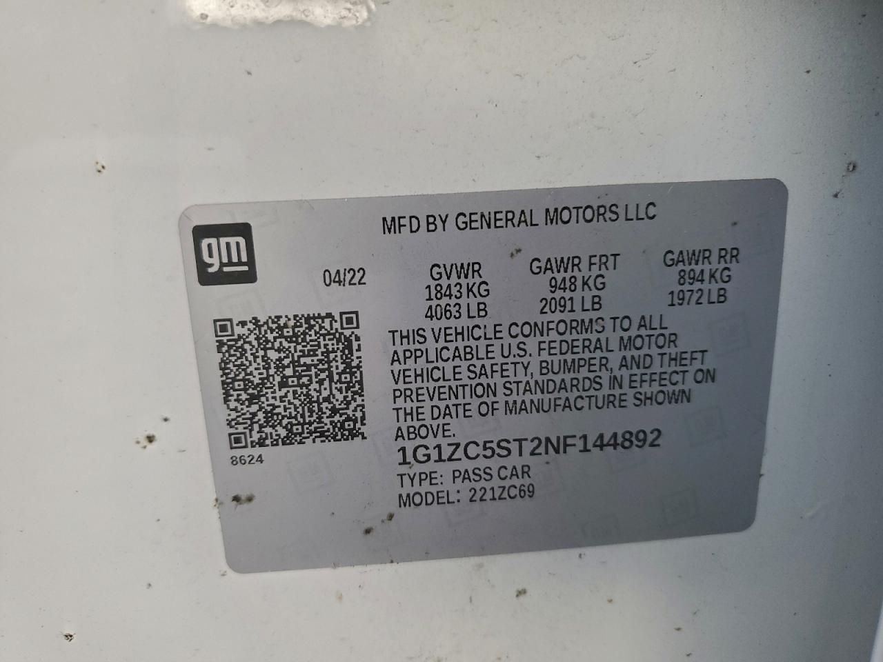 2022 Chevrolet Malibu Ls VIN: 1G1ZC5ST2NF144892 Lot: 94142415