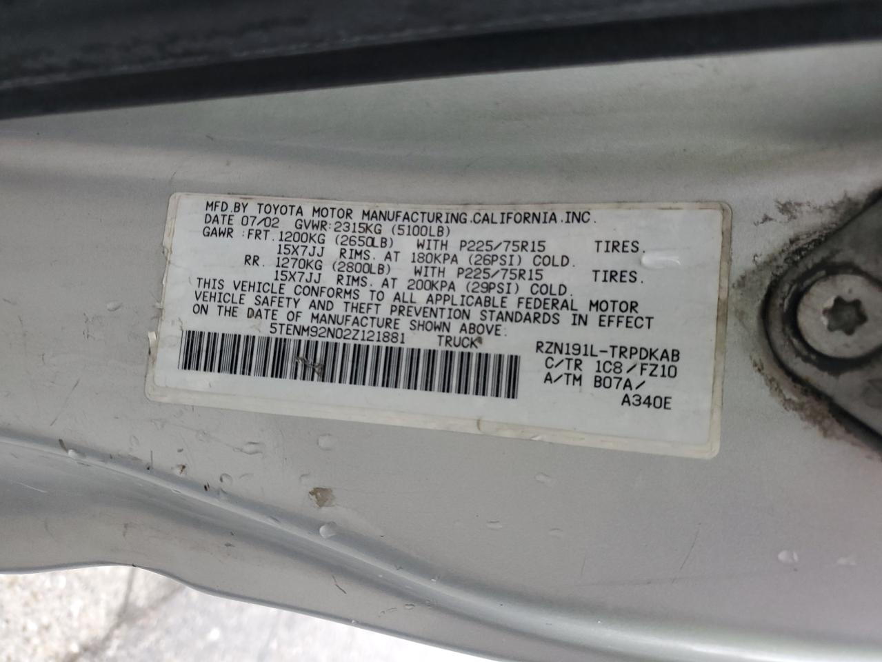 2002 Toyota Tacoma Prerunner VIN: 5TENM92N02Z121881 Lot: 92675185