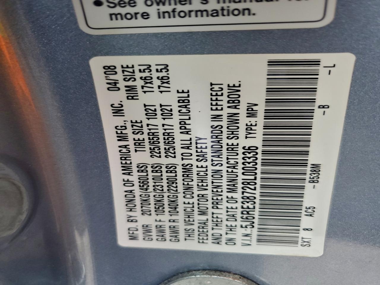 2008 Honda Cr-V Exl VIN: 5J6RE38728L003336 Lot: 93744295