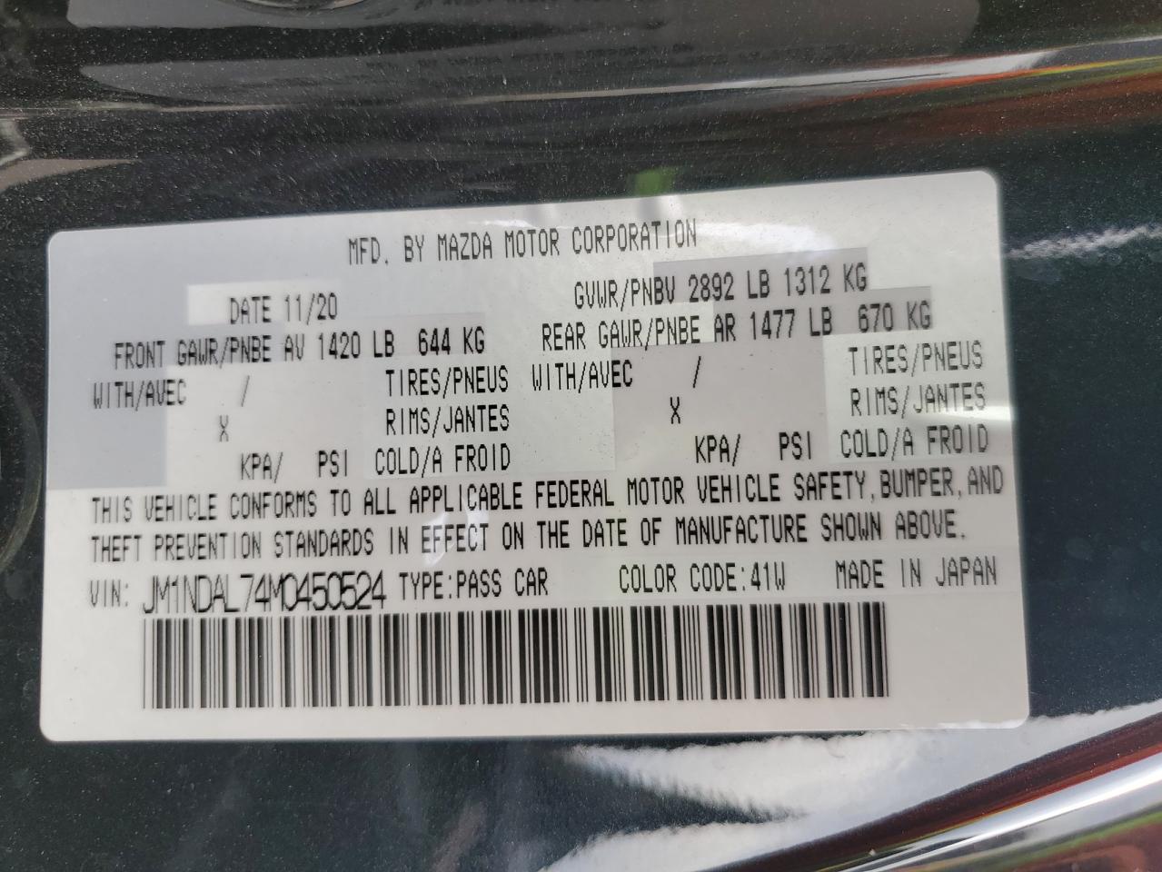 2021 Mazda Mx-5 Miata Club VIN: JM1NDAL74M0450524 Lot: 86405355