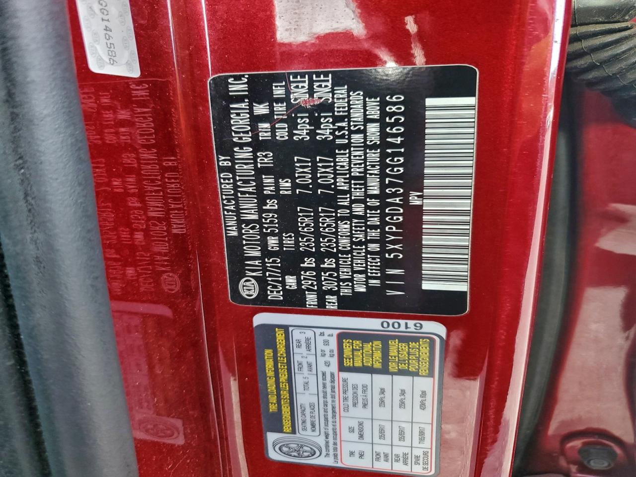 2016 Kia Sorento Lx VIN: 5XYPGDA37GG146586 Lot: 93884555