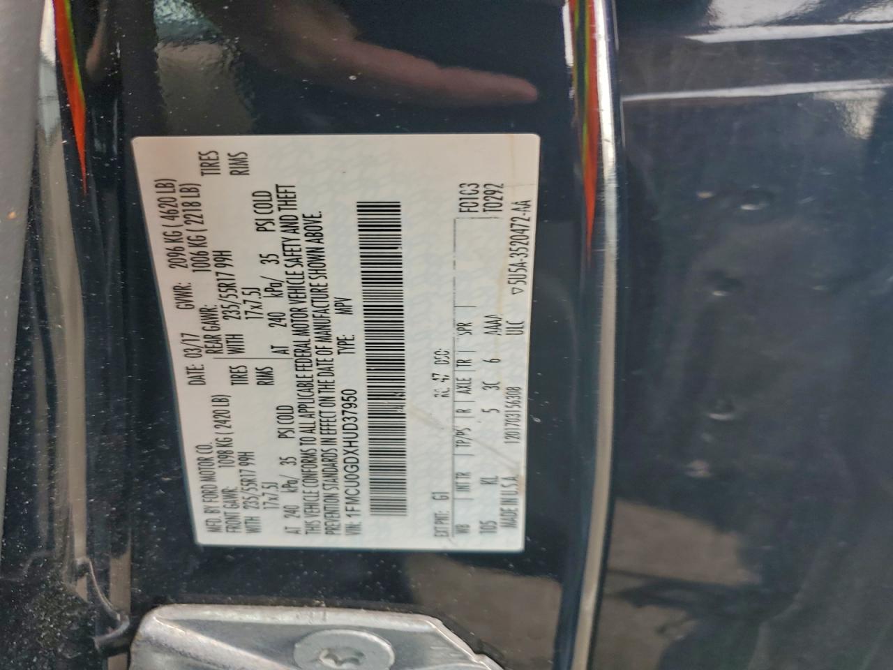 2017 Ford Escape Se VIN: 1FMCU0GDXHUD37950 Lot: 93024325