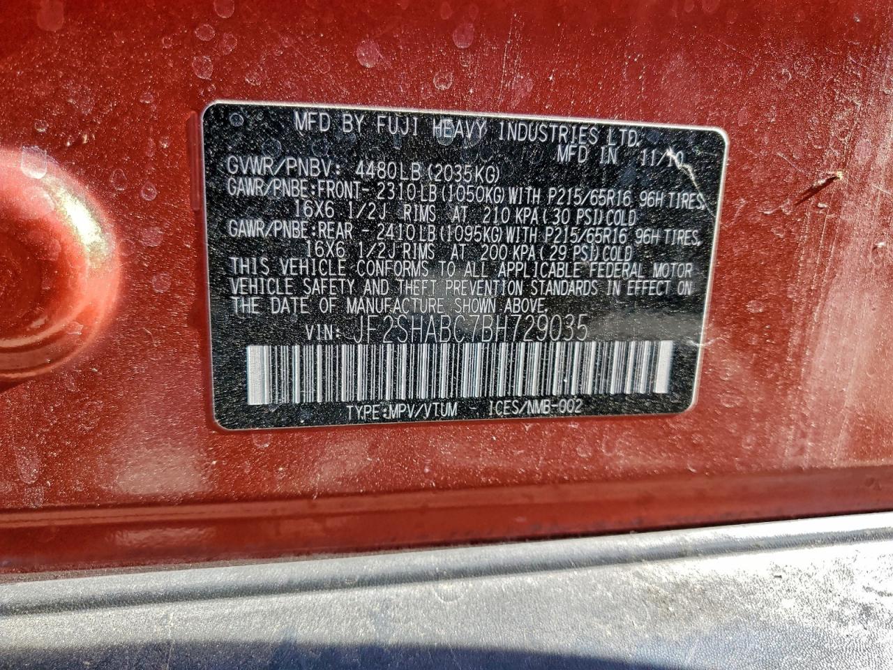 2011 Subaru Forester 2.5X VIN: JF2SHABC7BH729035 Lot: 94352265