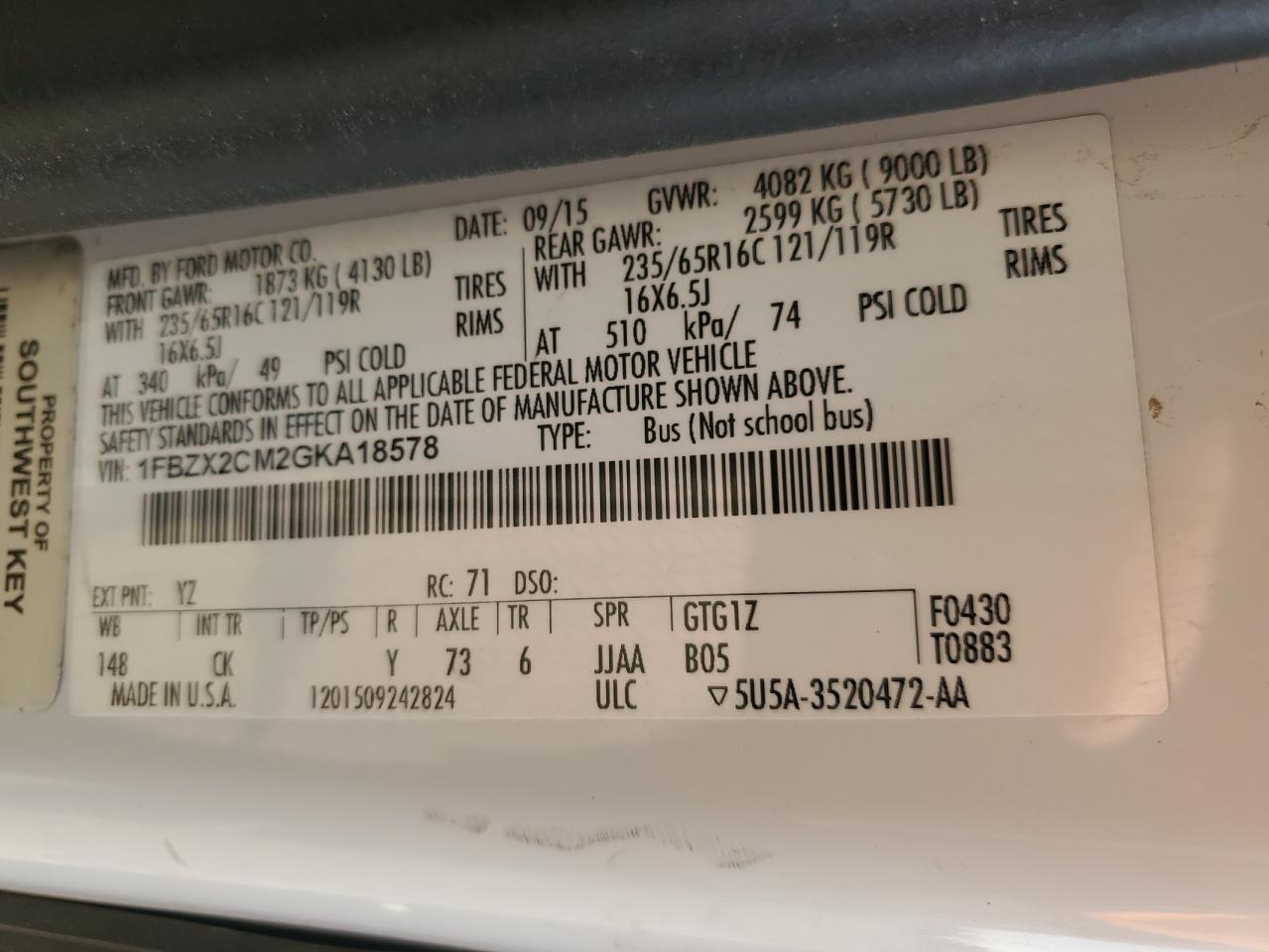 2016 Ford Transit T-350 VIN: 1FBZX2CM2GKA18578 Lot: 91263955
