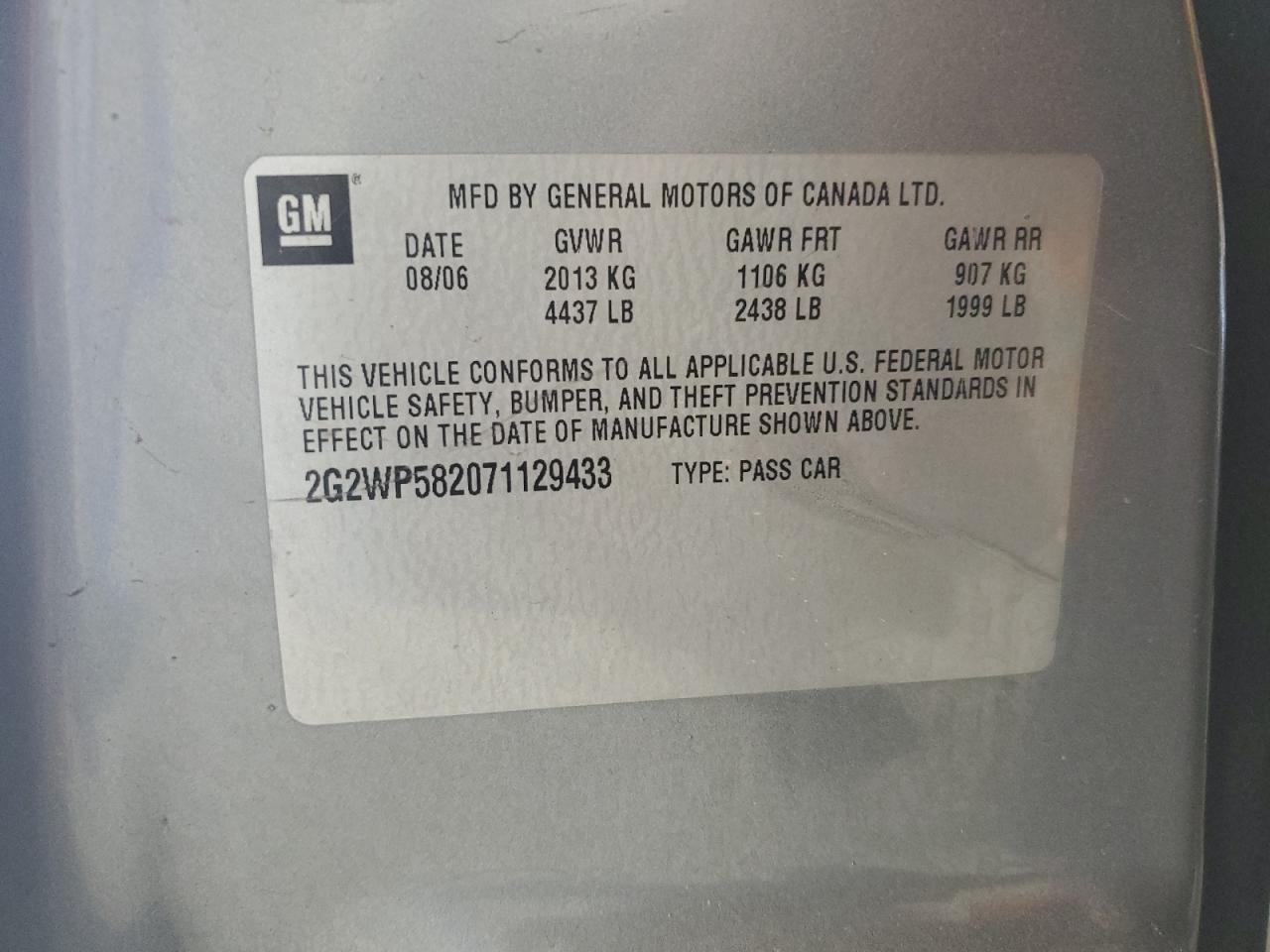 2007 Pontiac Grand Prix VIN: 2G2WP582071129433 Lot: 91997385