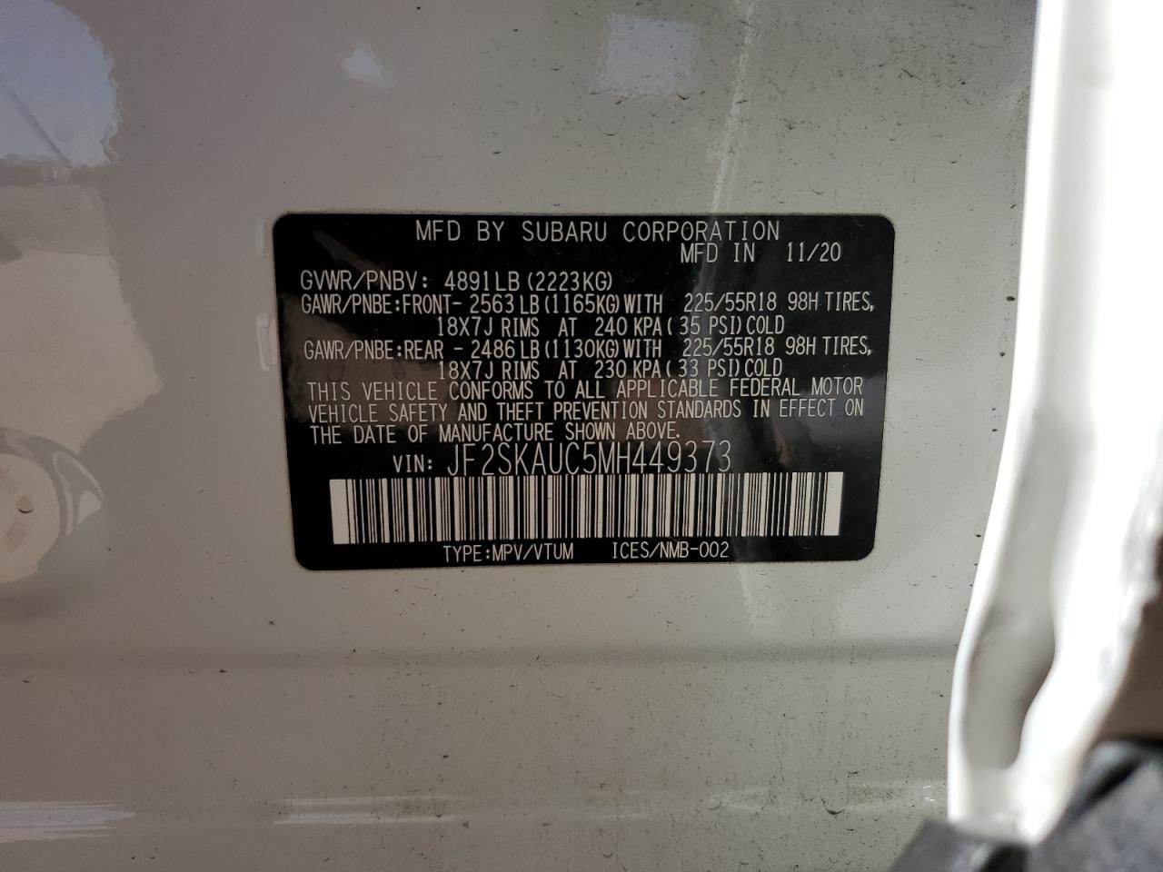 2021 Subaru Forester Limited VIN: JF2SKAUC5MH449373 Lot: 92714465