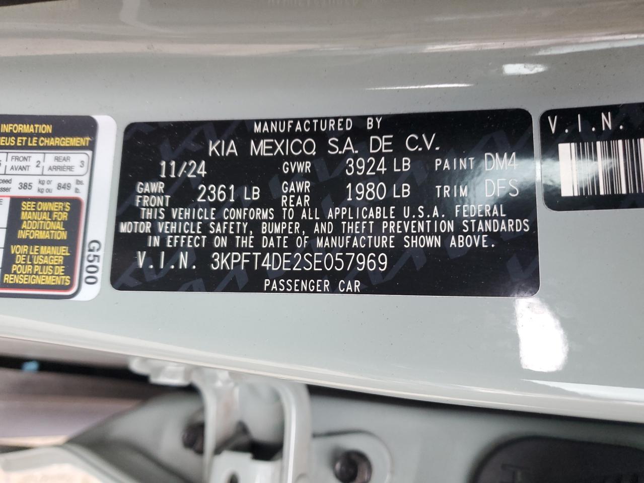 2025 Kia K4 Lx VIN: 3KPFT4DE2SE057969 Lot: 92791295