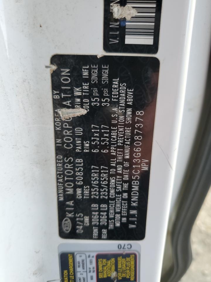 2016 Kia Sedona Lx VIN: KNDMB5C13G6087378 Lot: 92530625