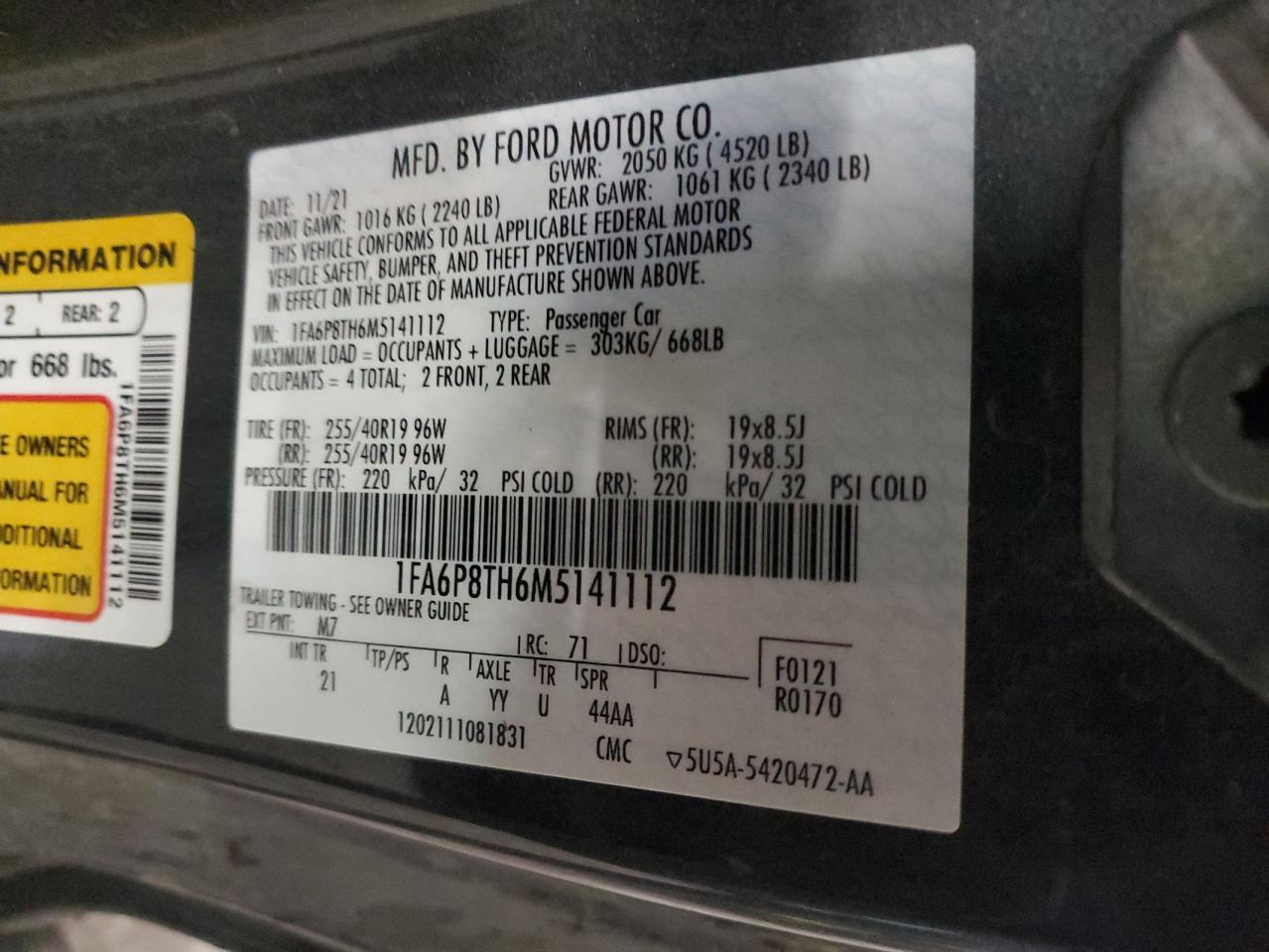 2021 Ford Mustang VIN: 1FA6P8TH6M5141112 Lot: 94137025