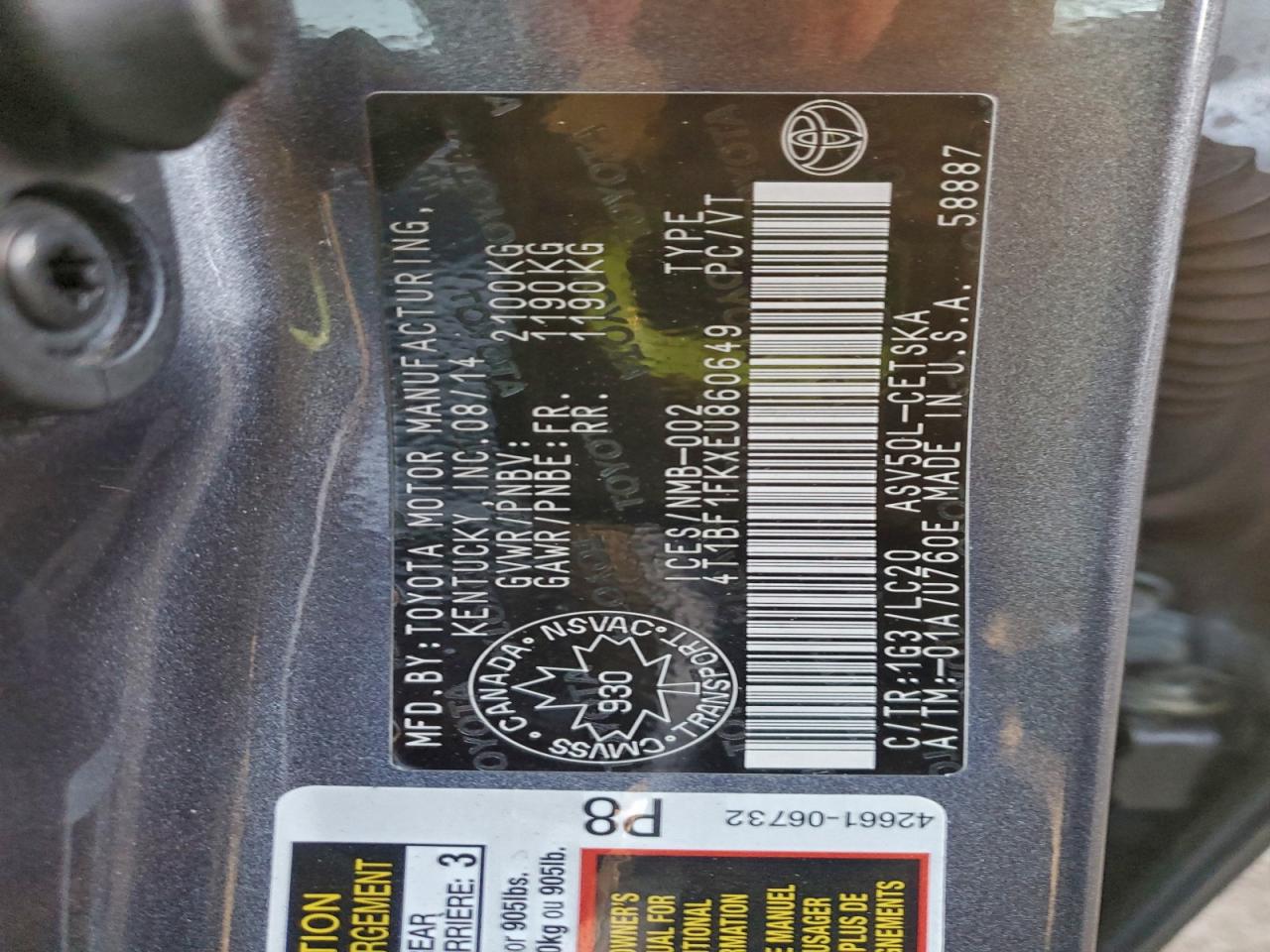 2014 Toyota Camry L VIN: 4T1BF1FKXEU860649 Lot: 93008315