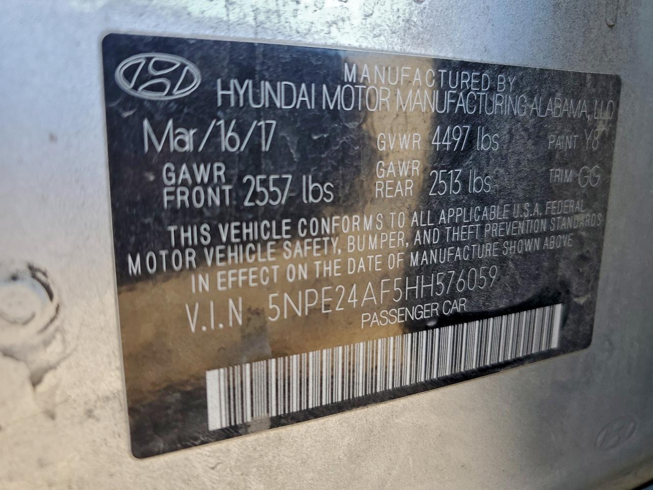 2017 Hyundai Sonata Se VIN: 5NPE24AF5HH576059 Lot: 94659395