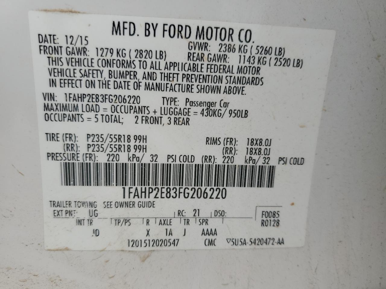 2015 Ford Taurus Sel VIN: 1FAHP2E83FG206220 Lot: 92274575