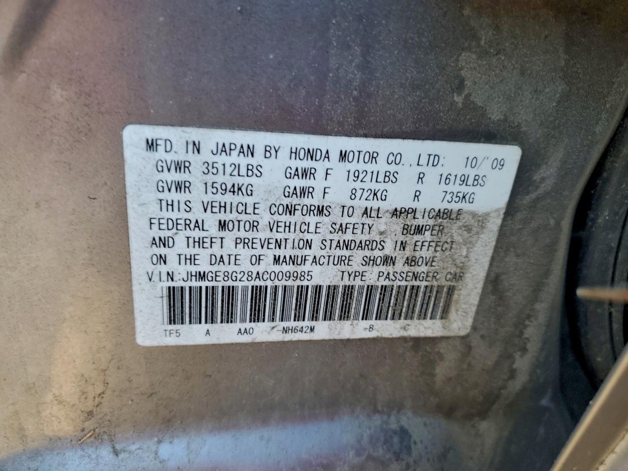 2010 Honda Fit VIN: JHMGE8G28AC009985 Lot: 92902495