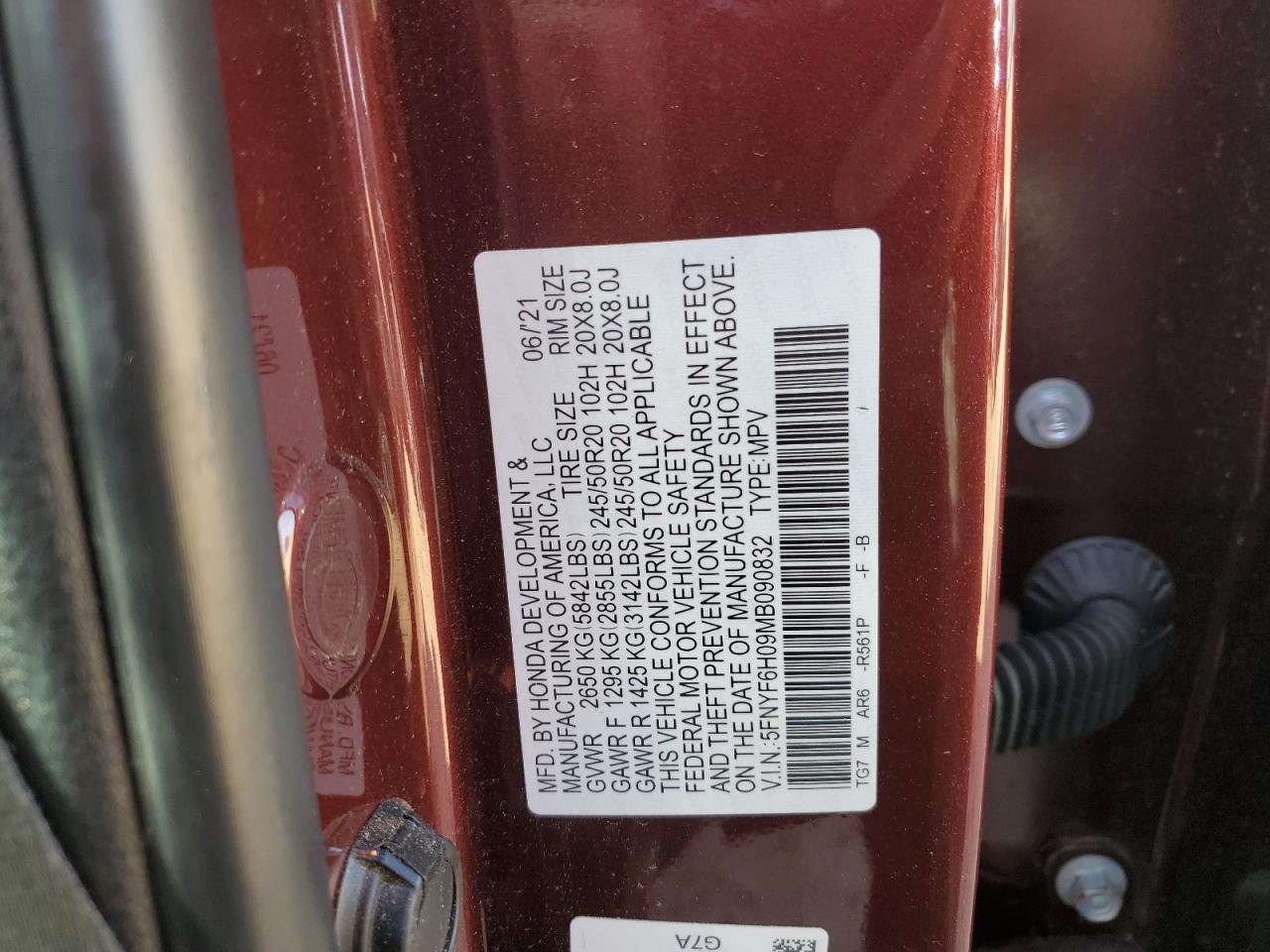 2021 Honda Pilot Elite VIN: 5FNYF6H09MB090832 Lot: 93395315