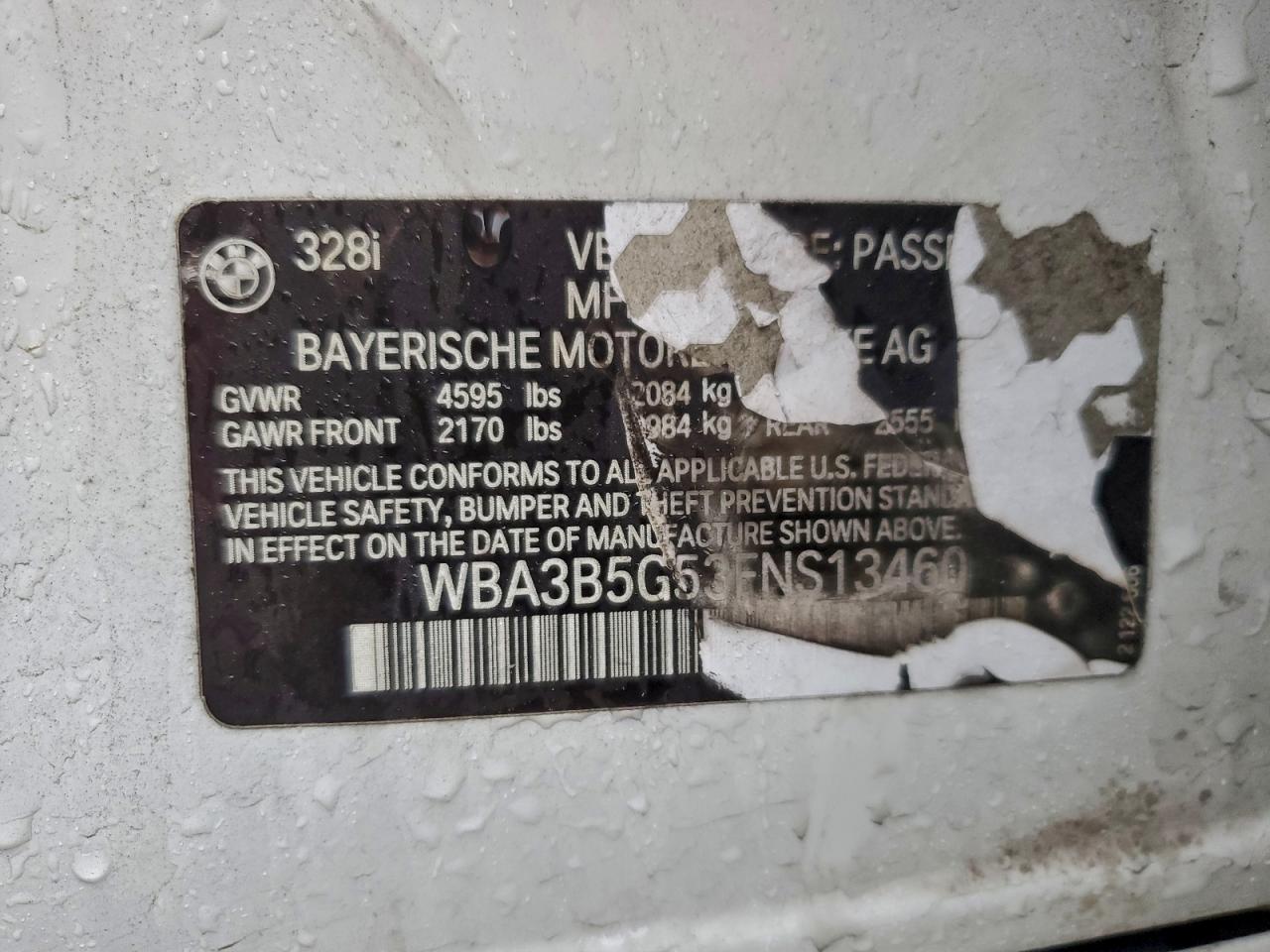 2015 BMW 328 Xi Sulev VIN: WBA3B5G53FNS13460 Lot: 94258165