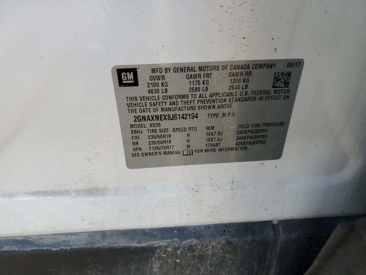 2018 Chevrolet Equinox Premier VIN: 2GNAXNEX8J6142194 Lot: 91906985