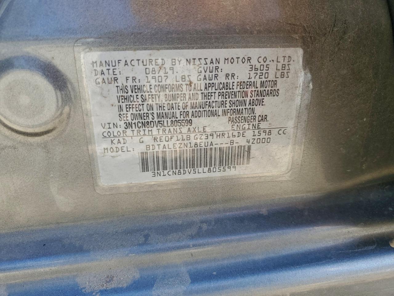 2020 Nissan Versa S VIN: 3N1CN8DV5LL805599 Lot: 94154195