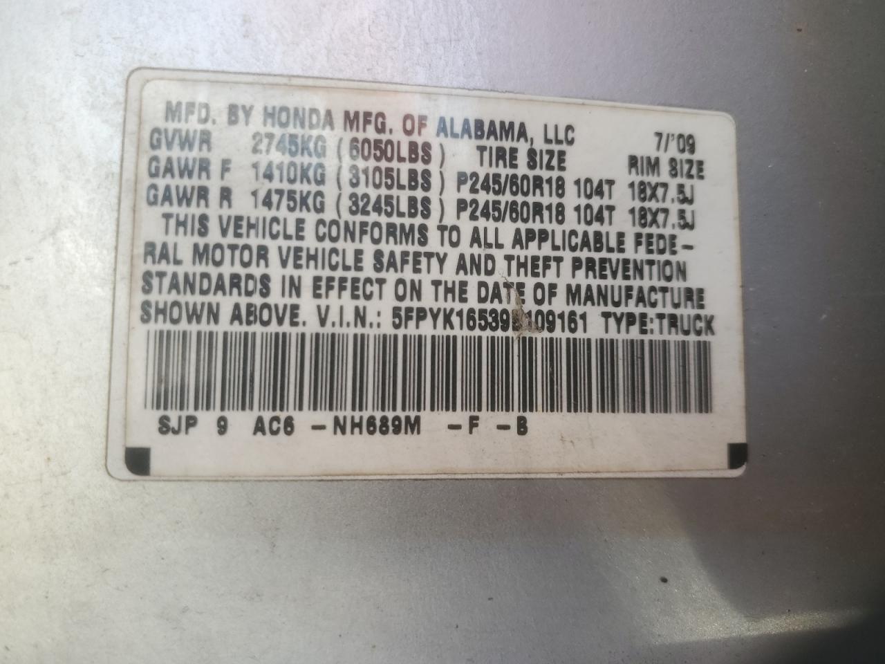 2009 Honda Ridgeline Rtl VIN: 5FPYK16539B109161 Lot: 92725965