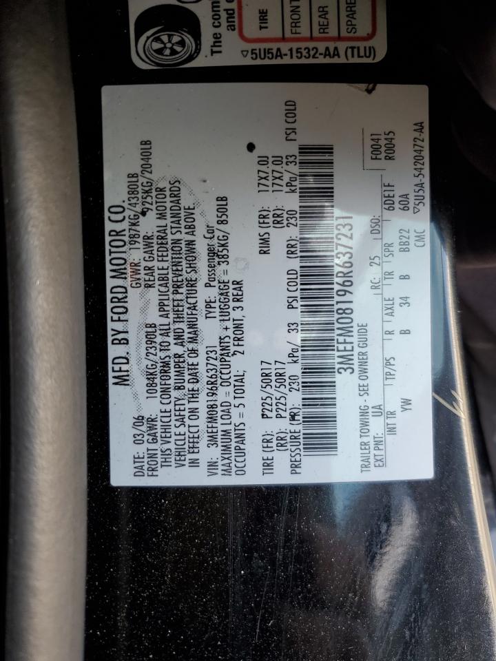 2006 Mercury Milan Premier VIN: 3MEFM08196R637231 Lot: 91073285