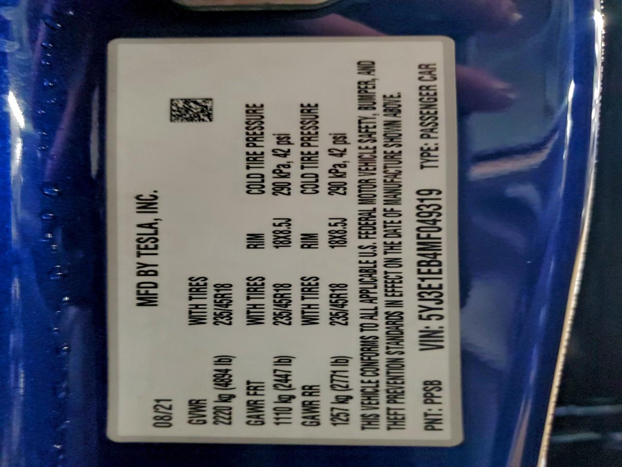 2021 Tesla Model 3 VIN: 5YJ3E1EB4MF049319 Lot: 94273895