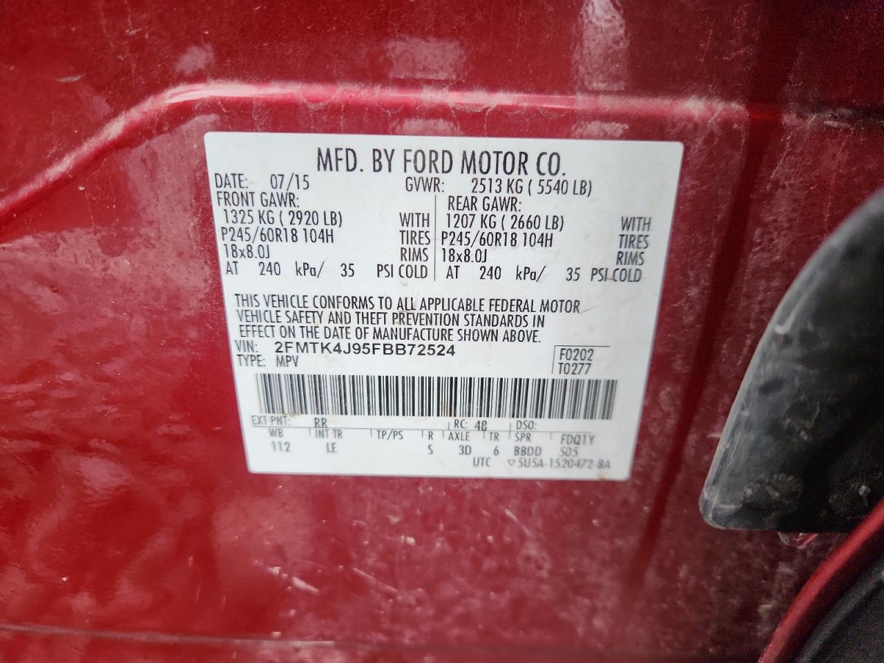 2015 Ford Edge Sel VIN: 2FMTK4J95FBB72524 Lot: 93272995