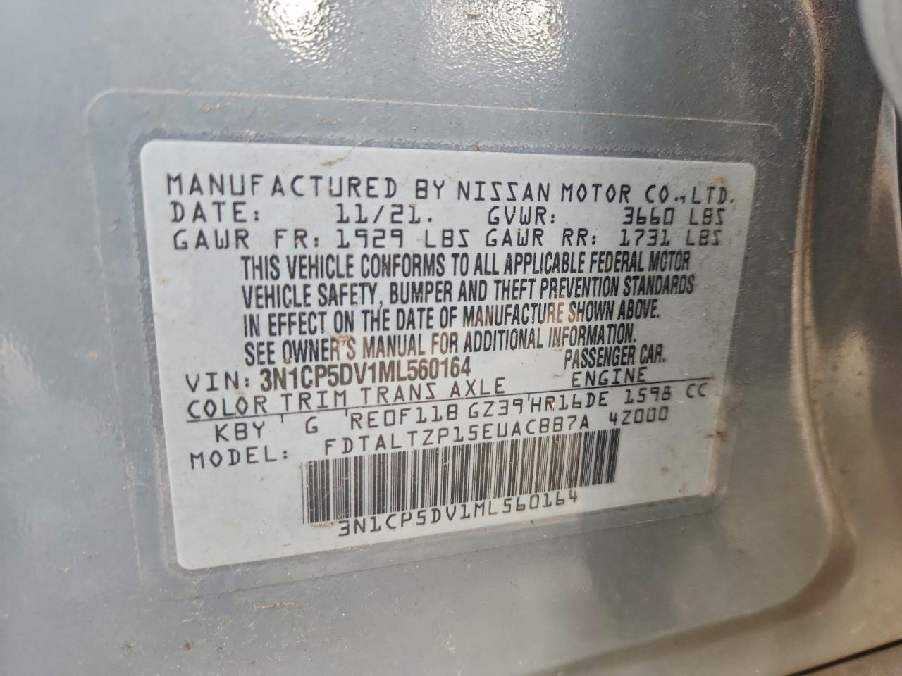 2021 Nissan Kicks Sr VIN: 3N1CP5DV1ML560164 Lot: 94328555