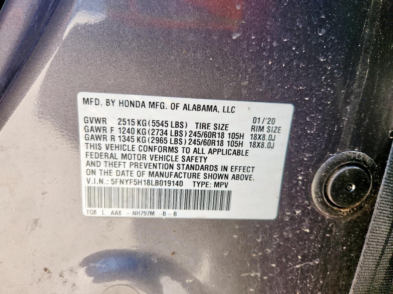 2020 Honda Pilot Lx VIN: 5FNYF5H18LB019140 Lot: 93092055