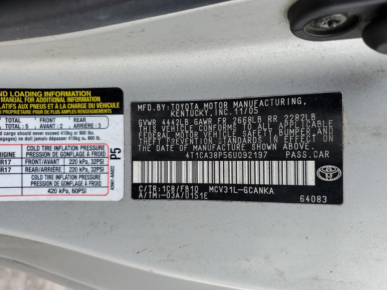 2006 Toyota Camry Solara Se VIN: 4T1CA38P56U092197 Lot: 92470125