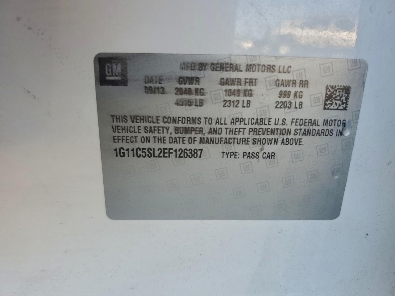2014 Chevrolet Malibu 1Lt VIN: 1G11C5SL2EF126387 Lot: 93071395