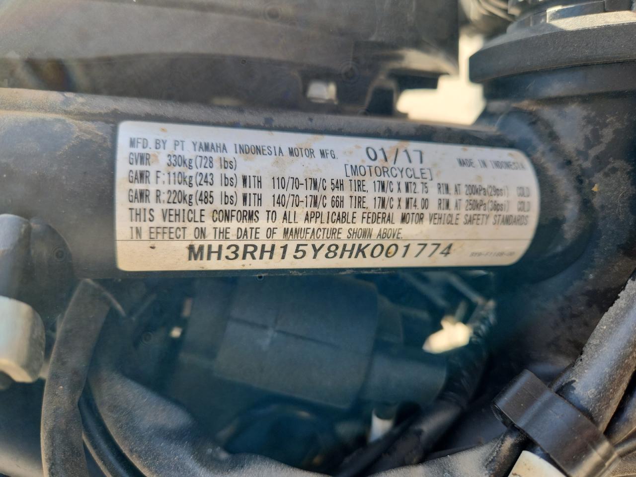 2017 Yamaha Yzfr3 A VIN: MH3RH15Y8HK001774 Lot: 93071865