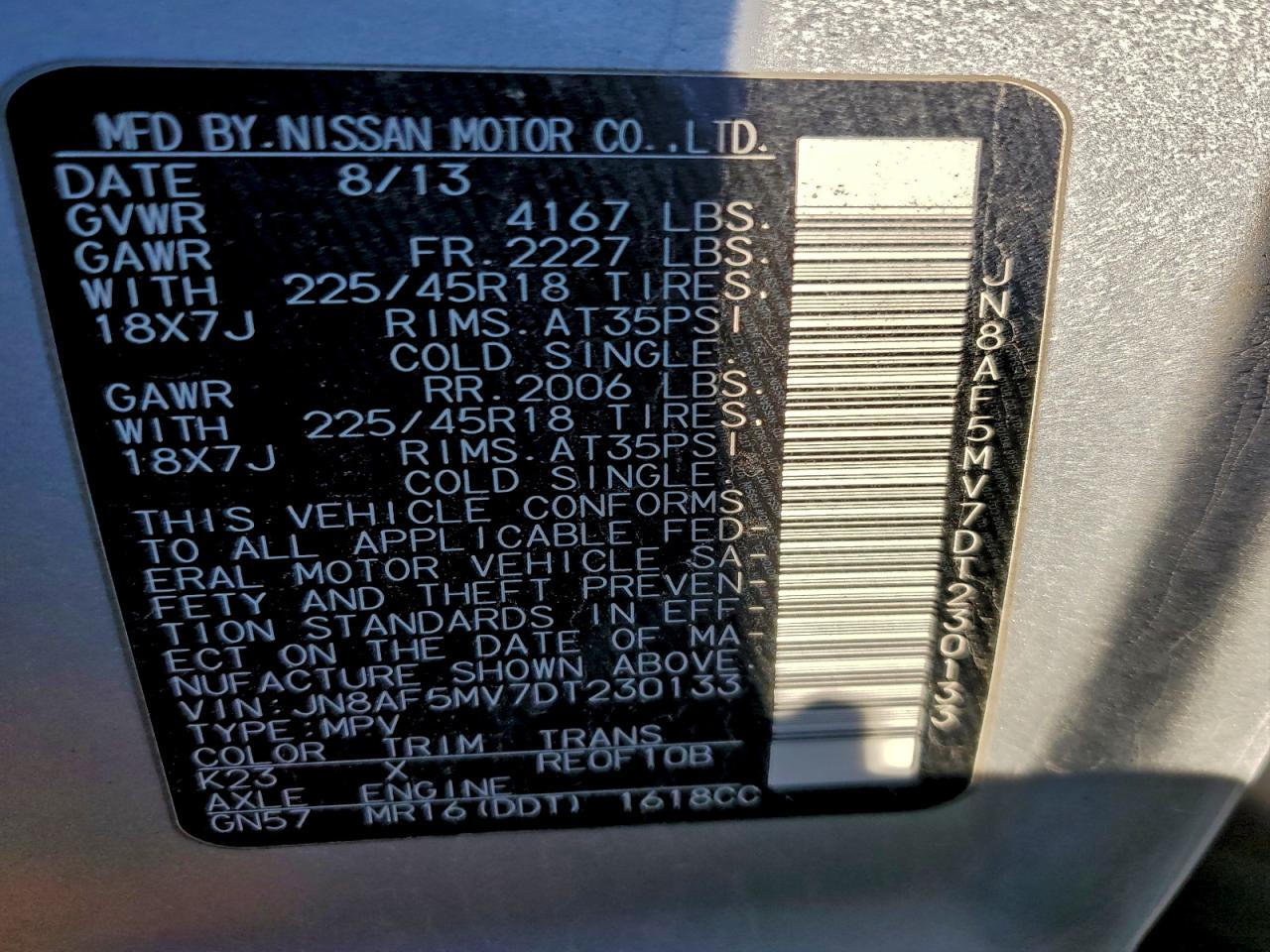 2013 Nissan Juke S VIN: JN8AF5MV7DT230133 Lot: 94316635