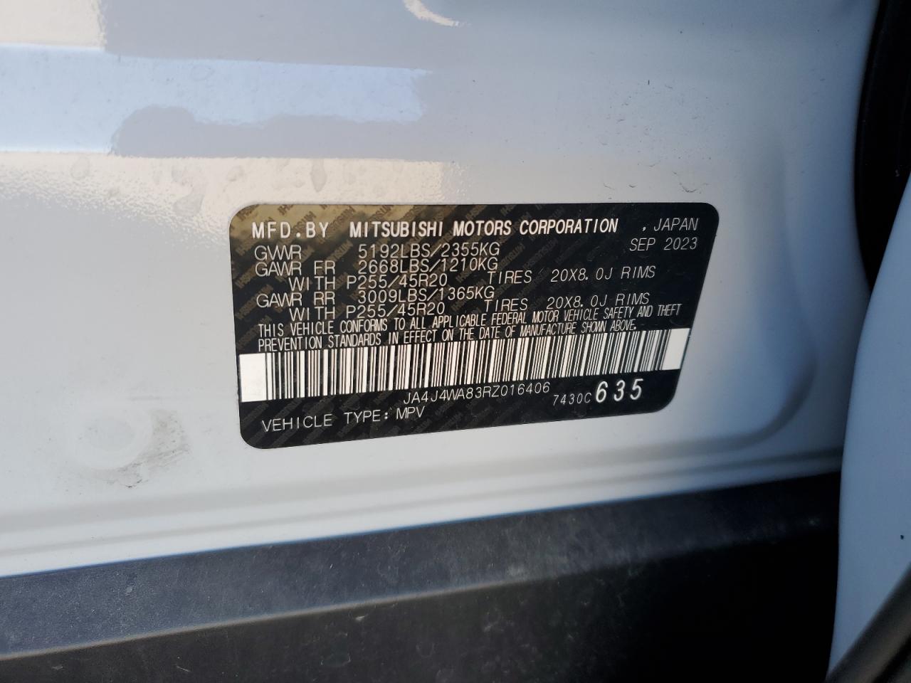 2024 Mitsubishi Outlander Sel VIN: JA4J4WA83RZ016406 Lot: 92037205