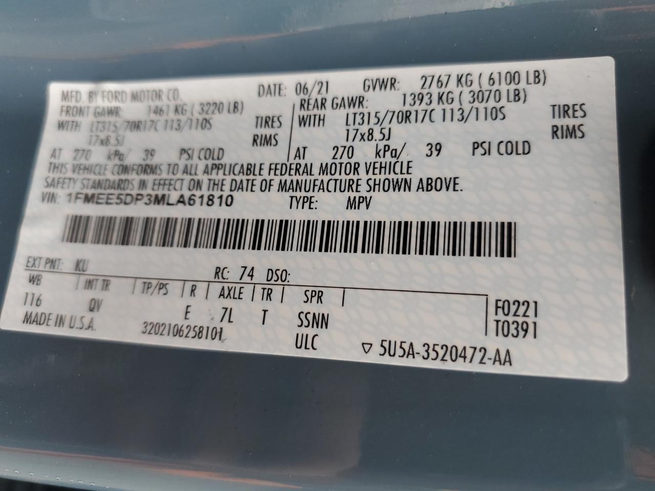 2021 Ford Bronco Base VIN: 1FMEE5DP3MLA61810 Lot: 91254835