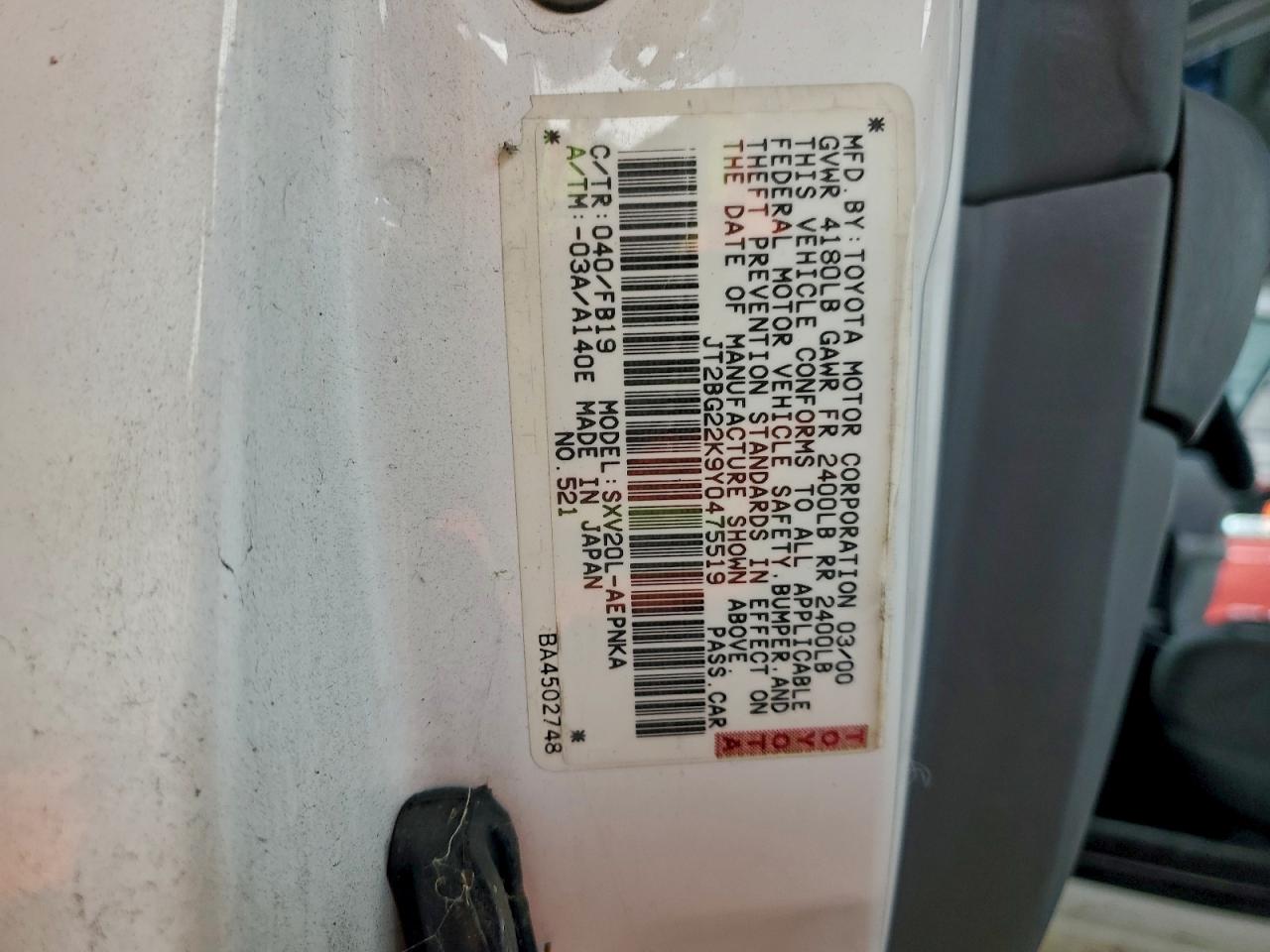 2000 Toyota Camry Ce VIN: JT2BG22K9Y0475519 Lot: 93678685