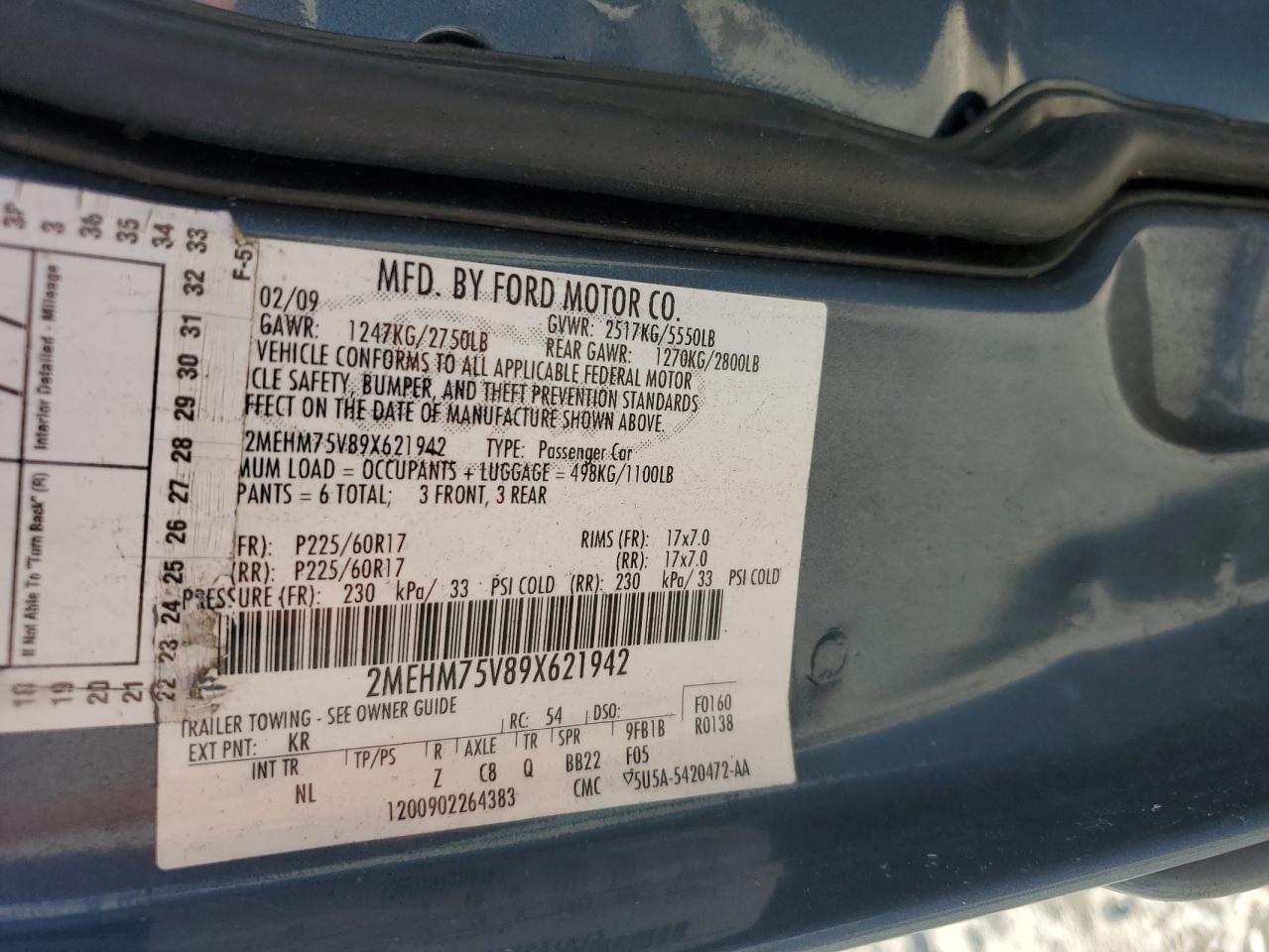 2009 Mercury Grand Marquis Ls VIN: 2MEHM75V89X621942 Lot: 91317835