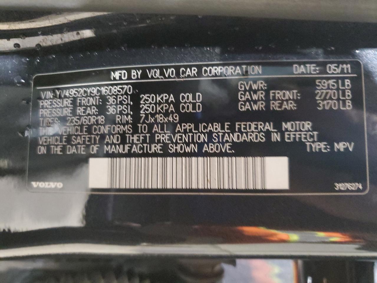 2012 Volvo Xc90 3.2 VIN: YV4952CY9C1608570 Lot: 93393095