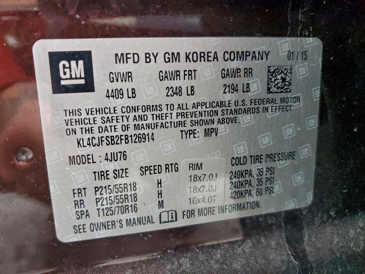 2015 Buick Encore Convenience VIN: KL4CJFSB2FB126914 Lot: 94273915