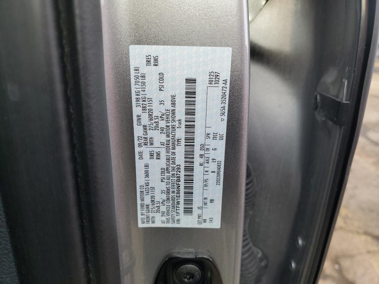 2022 Ford F150 Supercrew VIN: 1FTFW1E86NFB87293 Lot: 93699105