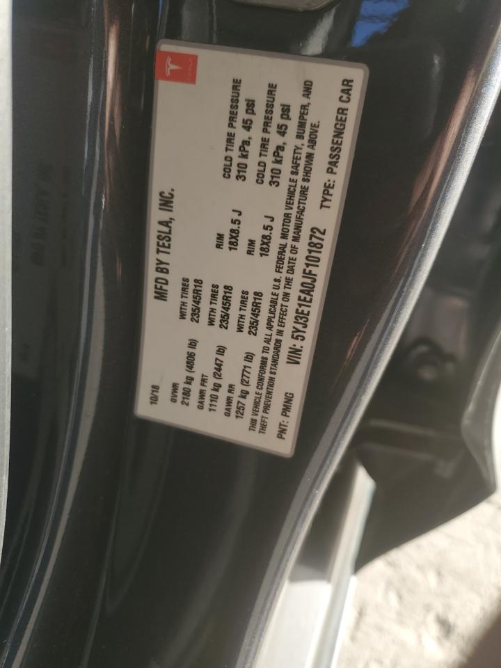 2018 Tesla Model 3 VIN: 5YJ3E1EA0JF101872 Lot: 90015925