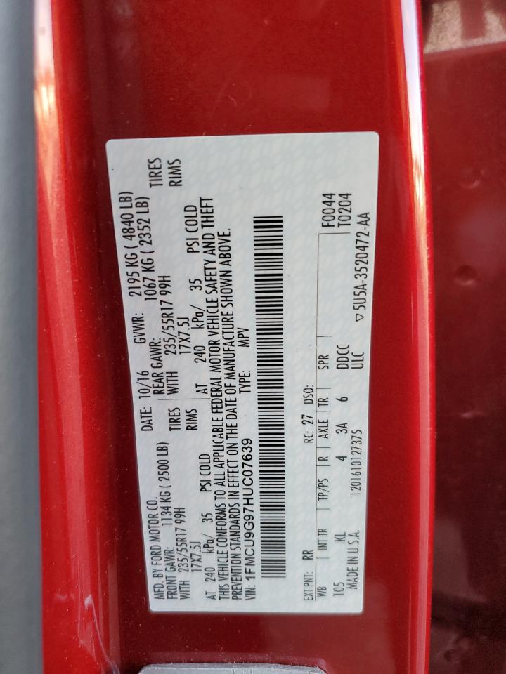 2017 Ford Escape Se VIN: 1FMCU9G97HUC07639 Lot: 91058055