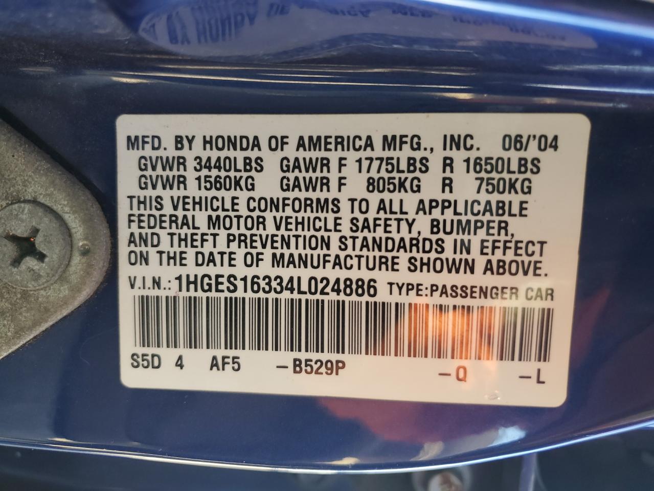 2004 Honda Civic Dx Vp VIN: 1HGES16334L024886 Lot: 85422005